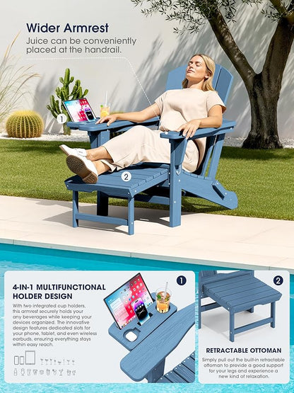 KINGYES Adjustable Folding Adirondack Chair with Footrest & 4-in-1 Multi-Functional Armrest Organizer, HDPE Foldable Reclining Adirondack Chair with Pull-Out Ottoman, Blue
