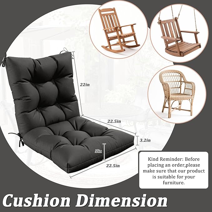 Patio Seat&Back Chair Cushions for Outdoor Furniture，Comfortable Cushions for Rocking/Dining/Lawn Chair-Set of 4 (Black, 4pcs (1package))