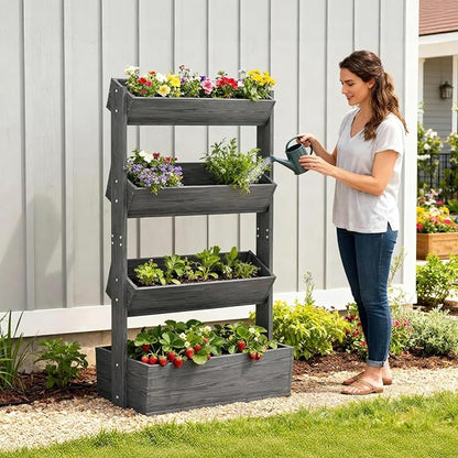 SUNYRISY 4 Tiers Vertical Raised Garden Bed Outdoor Planter Tower, Wooden Freestanding Planter Box for Planting Herbs Flowers Vegetables Patio Balcony Indoor Outdoor Gardening, Grey
