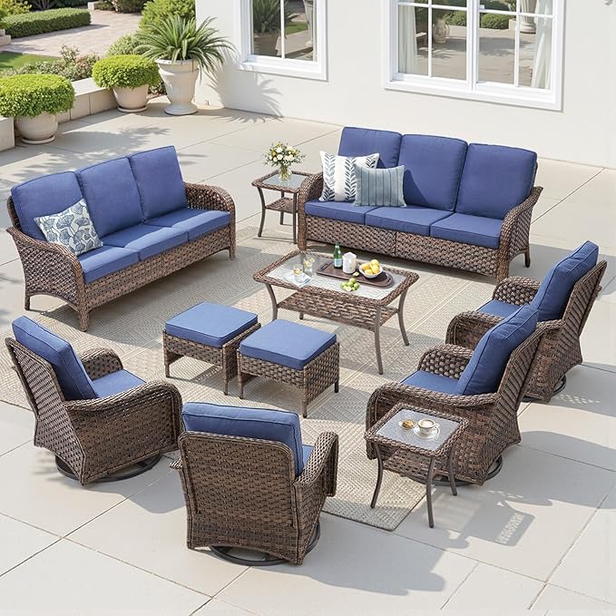11 Pieces Patio Furniture Set, Outdoor Wicker Sofa with Swivel Patio Chairs, Ottomans, Coffee Table, All Weather High Back Rattan Loveseat Couch with Comfy Cushions, Brown/Blue