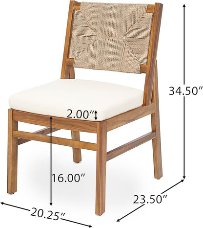 Christopher Knight Home Alan Outdoor Dining Chairs Set of 2, Wicker Woven Back Dining Chairs, Cushion Armless Chair, Hourglass Shaped Design Back, Acacia Wood Chair for Poolside Garden, Teak+Cream