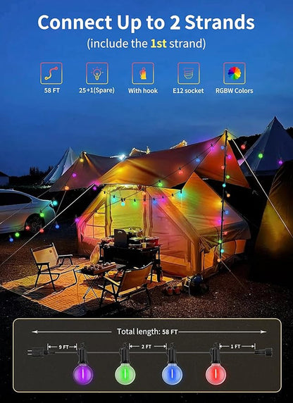Brightown Outdoor String Lights 58 Feet G40 LED Patio Lights, 27 Plastic Edison Bulbs(2 Spare), Waterproof Connectable Hanging Light for Backyard Porch Balcony Party Decor, E12 Base, Multicolor
