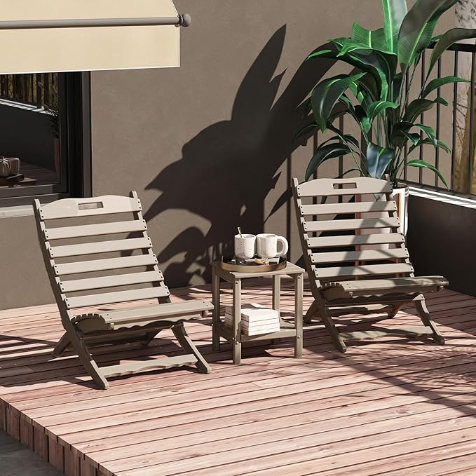 GREENVINES 3 Pieces Patio Furniture Set | Outdoor Bistro Sets for 2 | HDPE Wood Grain | Folding-Adirondack-Chairs-with-Side-Table | All Weather | Xavier Chair | for Porch Deck Poolside | Desert Brown