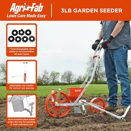 Agri-Fab 45-0640 3lb Push Garden Seeder/Planter with 7 Interchangeable Seed Plates for up to 20 Types of Seeds, Rust Resistant Plow Blade, Powder Coated Aluminum Frame, Orange