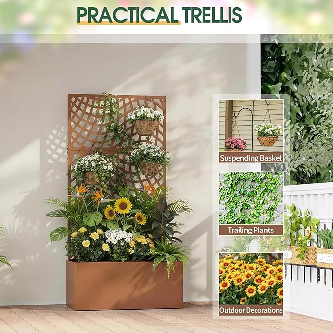 Outvita Metal Planter Box with Trellis, 71’’ x 36’’ x 16’’ Raised Garden Bed with Drainage Holes for Climbing Plants, Vegetables, Vines, Privacy Planters for Patio (Brown)