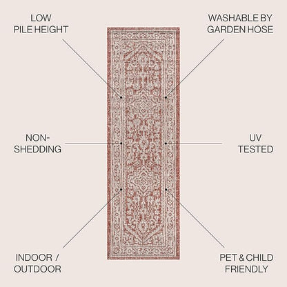 JONATHAN Y Medallion Weave Indoor Outdoor Runner Rug 2X8 Red/Taupe, Sinjuri Textured for Backyard, Patio, Porch, Easy-Cleaning, High Traffic, Pet-Friendly, Non-Shedding (SMB101A-28)