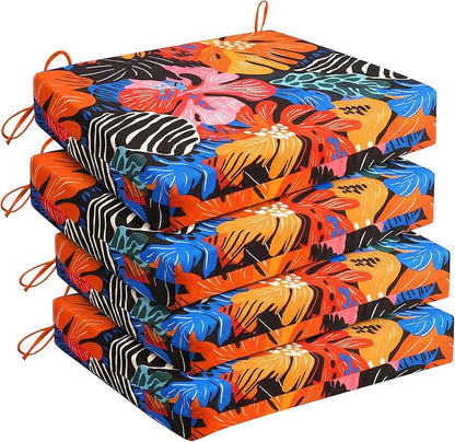 UNIKOME Outdoor Chair Cushions Pack of 4, Water Resistant Patio Cushions with Ties, High Density Sponge Filling Square Corner Seat Cushions for Outdoor Furniture, 18.5"*16"*3", Colored Flower
