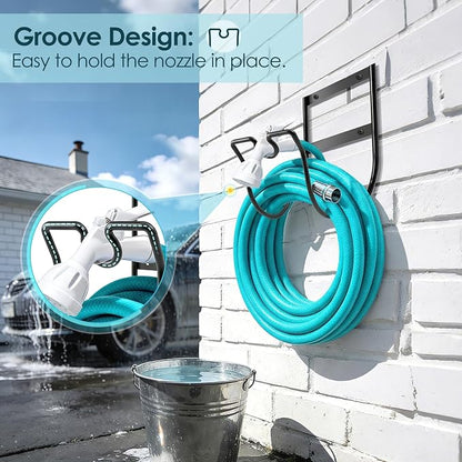 Hose Hanger Wall Mount, Metal Garden Hose Holder with Nozzle Groove for Outside Inside Water Hoses Extension Cords Air Lines, Black, 1 Pcs