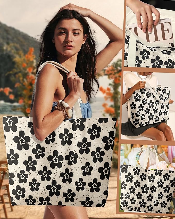 Miss Adola Large Tote Bag for Women - Canvas Tote Bag with Zipper Aesthetic Reusable Shoulder Bag for Gym, Travel, Work