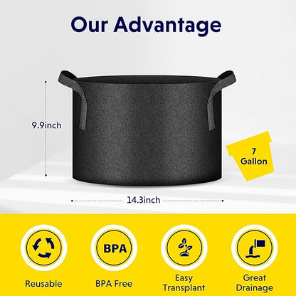 iPower 5 Pack 7 Gallon Plant Grow Bags, Thickened Nonwoven Aeration Fabric Pots Heavy Duty Durable Container, Strap Handles for Garden, Black