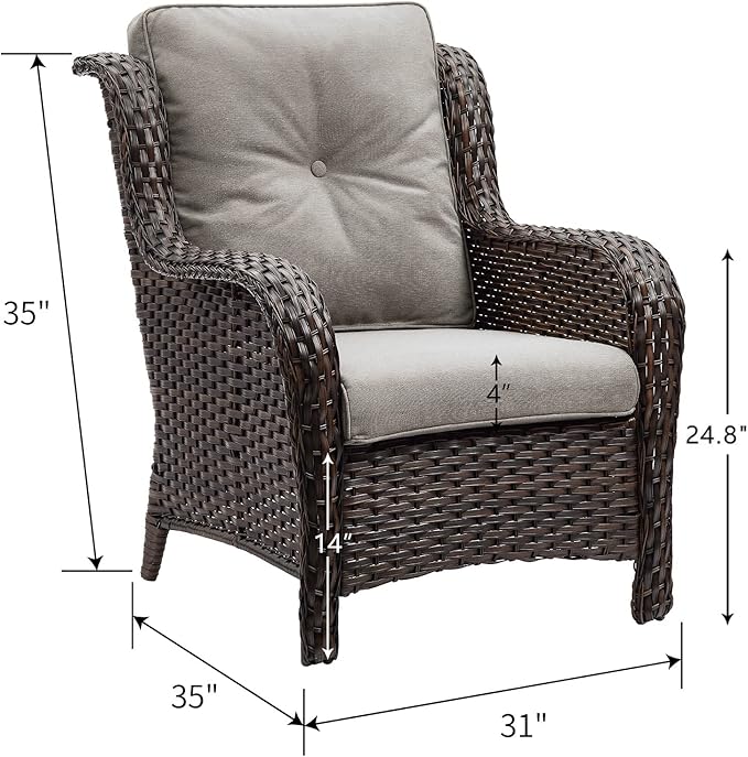 HUMMUH Outdoor Wicker Patio Chairs Set of 2 PE Rattan Patio Seating Chairs High Back Curved Armrest Porch Chairs with 4 inch Seat Cushions (Brown/Grey)