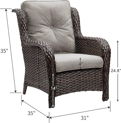 HUMMUH Outdoor Wicker Patio Chairs Set of 2 PE Rattan Patio Seating Chairs High Back Curved Armrest Porch Chairs with 4 inch Seat Cushions (Brown/Grey)