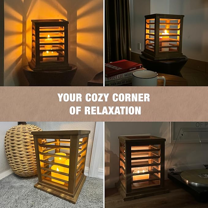 Premium 11.5" H Lantern Decorative Indoor & Outdoor - Large Wooden Candle Lantern & Plant Stand for Holiday Decor, Farmhouse, Patio, Table | Golden Teak Finish