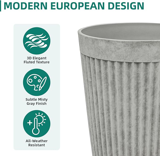 20" Resin Planters for Plants Tall Large Flower Pots Set of 2 Heavy-Duty Garden Pot Handmade Fluted Texture Weather-Resistant for Year Round Indoor Outdoor use, Vintage Gray