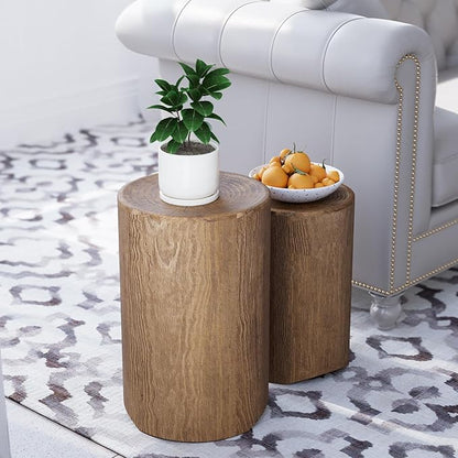 SUNBURY Concrete Side Table Set of 2, Outdoor Side Table Nesting for Patio, Outdoor Accent Table Patio End Table in Woodgrain, Ceramic for Balcony, Courtyard, Round, Light Brown