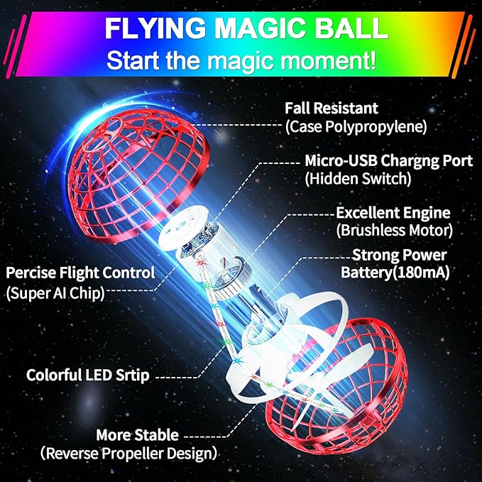 Vantexi Flying Orb Ball Toy,2026 Upgrade Parachute LED,Magic Hand Controlled Mini Gravity Ball,Cosmic Globe Boomerang,Cool Thanksgiving Birthday Gift for 6 7 8 9 10+ Year Old Girls-Bright Red