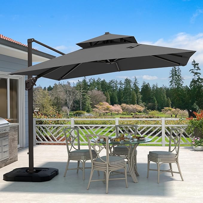 10' X 10' Cantilever Patio Umbrella Outdoor with Base Included Heavy Duty Double Top Windproof Square Offset Umbrellas with 360-degree Rotation for Pool Deck Backyard, Grey