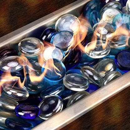 onlyfire 10 Pounds Fire Glass Beads for Propane Fire Pit and Gas Fireplace, 1/2 Inch Round Blended Firepit Glass Rocks Flat Marbles for Fire Pit Table, Cobalt Blue Crystal Ice and Caribbean Blue