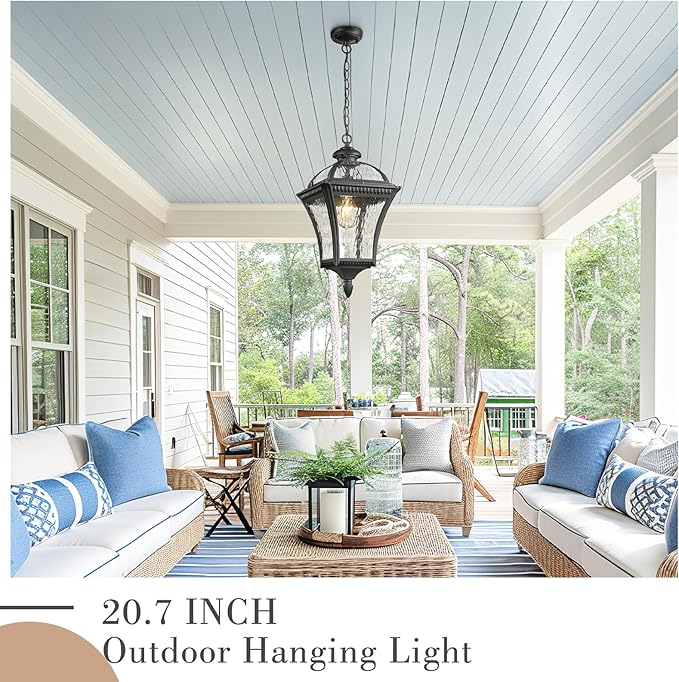 Emliviar 20.7" Outdoor Pendant Light, Matte Black Hanging Porch Chandelier with Water Ripple Glass, Modern Ceiling Pendant Lighting for Patio, Entryway, XE266H-SW BK