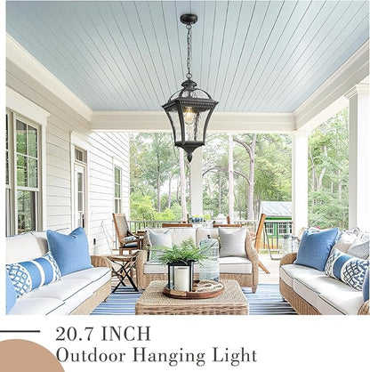 Emliviar 20.7" Outdoor Pendant Light, Matte Black Hanging Porch Chandelier with Water Ripple Glass, Modern Ceiling Pendant Lighting for Patio, Entryway, XE266H-SW BK