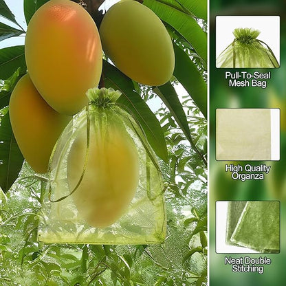100pcs Green Fruit Netting Bags,5.9x7.9 Inch Drawstring Mesh Pest Bird Barrier for Tomato Apple Peach Plum Garden Fruits