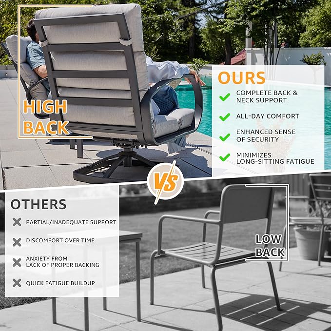 NATURAL EXPRESSIONS Patio Bistro Set, 3 Piece Outdoor Swivel Glider Rocking Chairs, Conversation Furniture with 2 Highback Rockers, 1 Table and 5" Cushion for Backyard,Porch,Yard,350lb. (Grey)