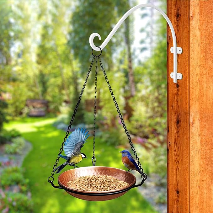 Monarch Abode Pure Copper Hand Hammered Hanging Bird Bath and Feeder w/ Iron Chain, 17-inch Detachable Iron Chain Outdoor Birdbath and Birdfeeder for Garden Backyard Patio & Deck, Bird Water Feeder