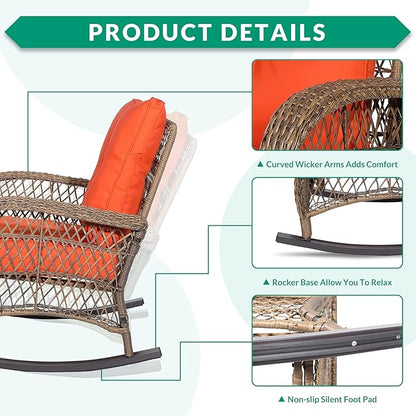 VIVIJASON 3-Piece Outdoor Conversation Bistro Set, Patio Wicker Rocking Chairs Rattan Furniture Sets w/ 2 Rattan Cushioned Chairs and Glass Top Side Table for Garden Porch Backyard (Orange)