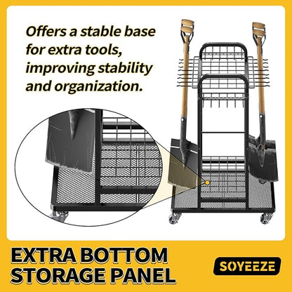 SOYEEZE Garden Tool Organizer with Lockable Wheels, Heavy Duty 3-Tier Yard Tower Tool Rack for Garage, Holds Up to 35 Long-Handled Tools, Garden Tool Cart with 12 Hooks for Tool Organization Storage