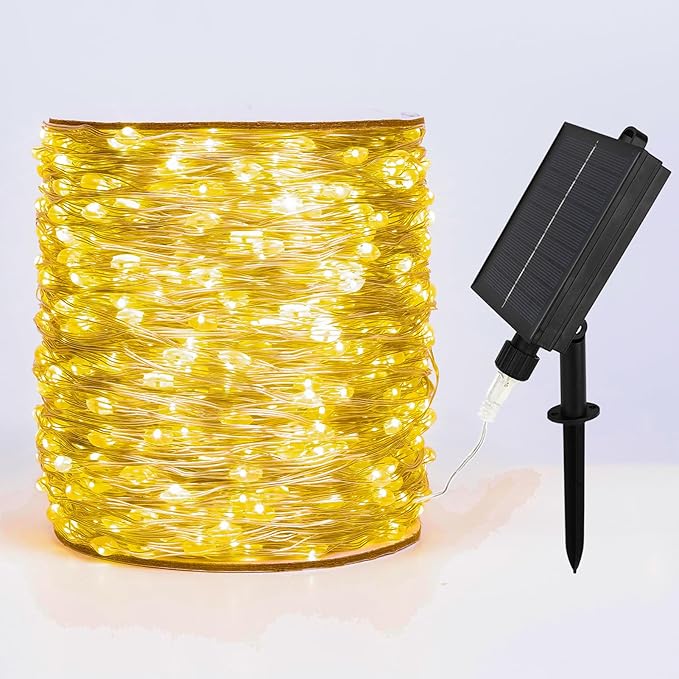 Solar String Lights for Outside,100FT 300 LEDs Solar Fairy Lights,Waterproof 8 Modes Button Outdoor String Light for Patio Garden Backyard Tree Wedding Christmas,Silver Wire,Warm White