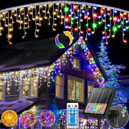 Solar Icicle Christmas Lights Outdoor - 82Ft 660 LED Multi-color Icicle Lights Outdoor Solar Powered with Remote, Color Changing Solar Icicle String Lights Waterproof for Outside Roof House Yard Decor
