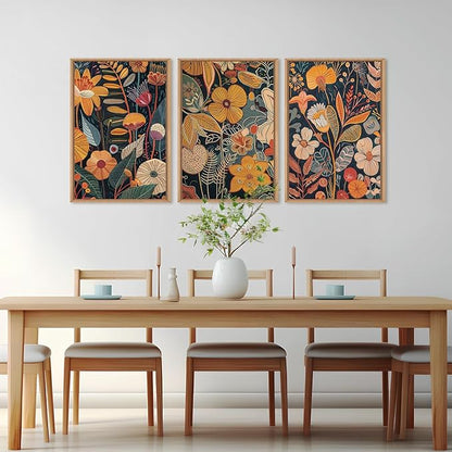 FWIEXA Boho Orange Floral Framed Wall Art Set of 3, Modern Botanical Canvas Wall Prints, Brunt Rust Pictures Wall Decor, 16x24 Inches Fall Plant Painting for Living Room, Bedroom, Office