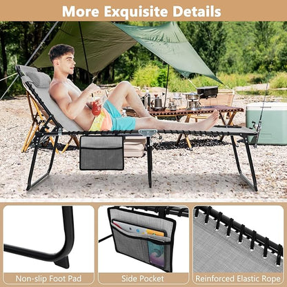 Giantex Patio Lounge Chairs for Outside - Set of 2 Folding Tanning Chair w/Headrest, 4 Adjustable Positions, Side Pocket, Outdoor Chaise Lounge for Camping, Pool, Sunbathing Beach Chair, Grey