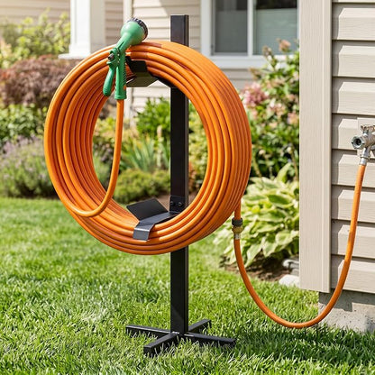 Moxweyeni Garden Hose Reel Holder Stand with Ground Stakes, up to 150-ft Hoses, Detachable Metal Water Hose Holder, Heavy Duty Garden Storage Rack for Outside Yard Lawn