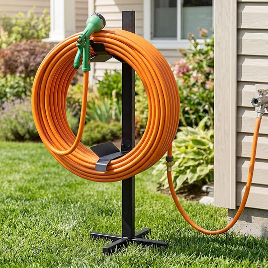 Moxweyeni Garden Hose Reel Holder Stand with Ground Stakes, up to 150-ft Hoses, Detachable Metal Water Hose Holder, Heavy Duty Garden Storage Rack for Outside Yard Lawn