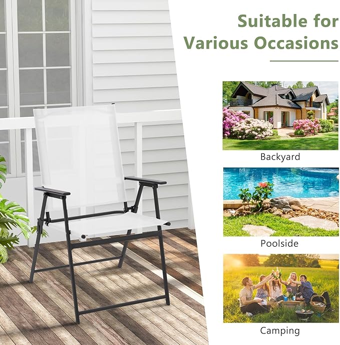 Giantex Patio Folding Chairs Set of 2, Portable Outdoor Dining Chairs with Rustproof Metal Frame, for Lawn, Front Porch, Deck, Garden, Backyard, Camping, White