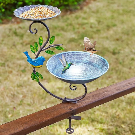 Deck Mounted Bird Feeder and Bath for Railing, Balcony 2-in-1 Outdoor Metal Birdbaths, Adjustable Heavy Duty Clamp for Porch Garden Decor Yard Lawn