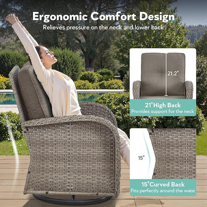 5 Piece Patio Furniture Set with Fire Pit Table - Wicker Patio Conversation Set with Swivel Glider, 3-Seat Sofa, Tempered Glass Side Table for Deck Backyard - Grey Wicker Grey Cushion