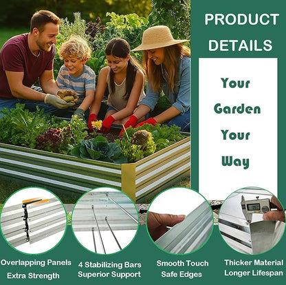 Galvanized Raised Garden Bed (8x4x1ft) – Overlapping 4-Inch Panels + 4 Support Bars, Heavy-Duty Metal Planter Box for Vegetables, Herbs, Flowers, No-Deformation Steel Garden Kit