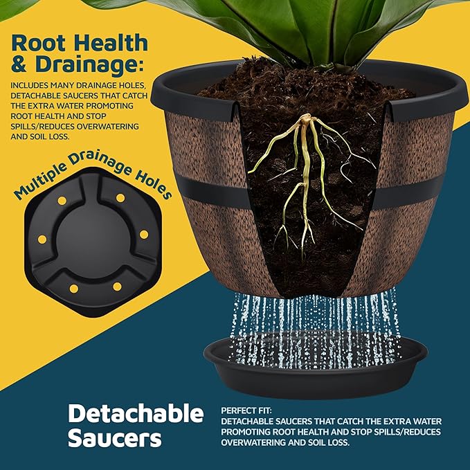 10-Inch Whiskey Barrel Planters Outdoor Pack of 25 - Durable Plastic Plant Pots for Indoor & Outdoor Use with Drainage & Saucer, Lightweight Rustic Barrel Planters for Flowers, Herbs & Small Plants
