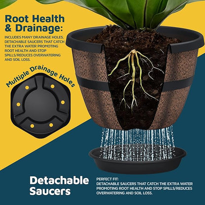 10-Inch Whiskey Barrel Planters Outdoor Pack of 25 - Durable Plastic Plant Pots for Indoor & Outdoor Use with Drainage & Saucer, Lightweight Rustic Barrel Planters for Flowers, Herbs & Small Plants