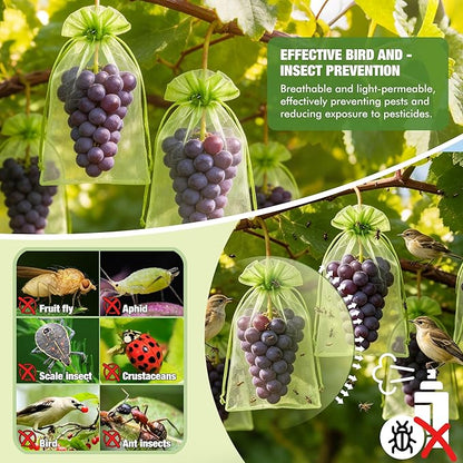 100 Pcs Drawstring Fruit Protection Bags, 6×9 Inch Green Mesh Fruit Net Covers, Anti-Bird Anti-Insect Garden Protective Bags for Fruit Tree, Tomato, Strawberry, Apple, Cherry, Grapes and Vegetables