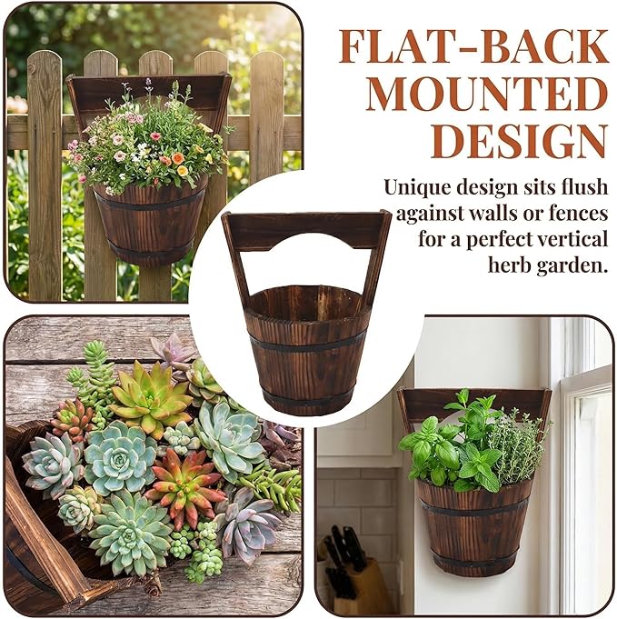 Rustic Wooden Wall Hanging Planter, Decorative Wishing Well Style Half-Barrel Plant Pot for Indoor Outdoor Garden, Vertical Flower Bucket for Fence, Patio & Porch Decor
