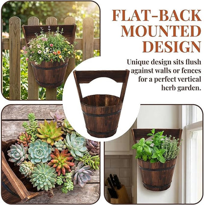 Rustic Wooden Wall Hanging Planter, Decorative Wishing Well Style Half-Barrel Plant Pot for Indoor Outdoor Garden, Vertical Flower Bucket for Fence, Patio & Porch Decor