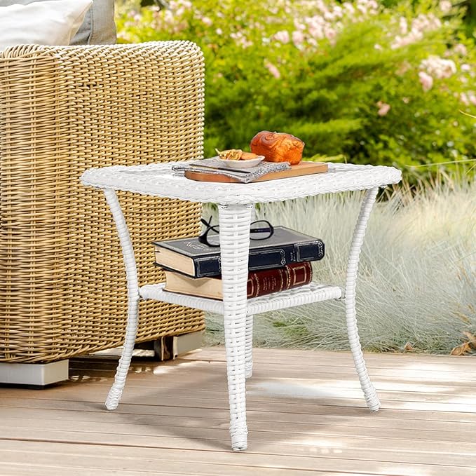 VIVIJASON Outdoor Wicker Side Table, All-Weather Rattan Patio Side Table Bistro Table with 2-Tier, Tempered Glass Top Square End Table for Indoor, Balcony, Garden, Porch, Deck, White