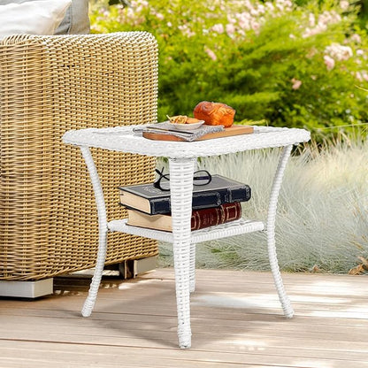VIVIJASON Outdoor Wicker Side Table, All-Weather Rattan Patio Side Table Bistro Table with 2-Tier, Tempered Glass Top Square End Table for Indoor, Balcony, Garden, Porch, Deck, White