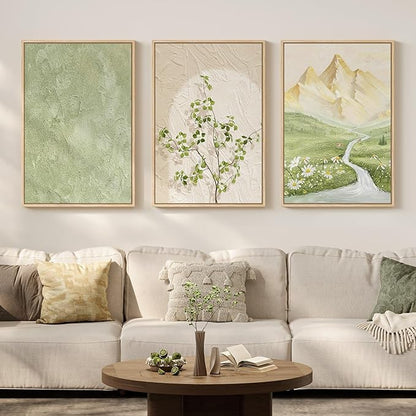Framed Sage Green Landscape 3 Piece Wall Art for Living Room, Neutral Beige Mountain Botanical Print Canvas Artwork for Walls, Modern Nordic Rustic Nature Wall Decor for Bedroom Home Office, 16x24 In