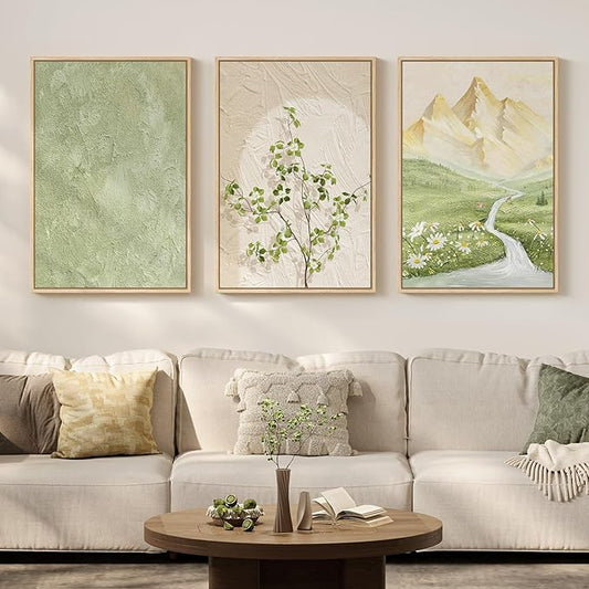 Framed Sage Green Landscape 3 Piece Wall Art for Living Room, Neutral Beige Mountain Botanical Print Canvas Artwork for Walls, Modern Nordic Rustic Nature Wall Decor for Bedroom Home Office, 16x24 In