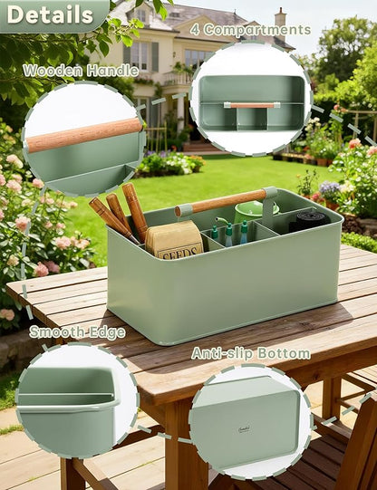 Gardening Tool Caddy, Garden Tool Basket with 4 Compartments, Metal Garden Caddy with Wooden Handle for Indoor & Outdoor