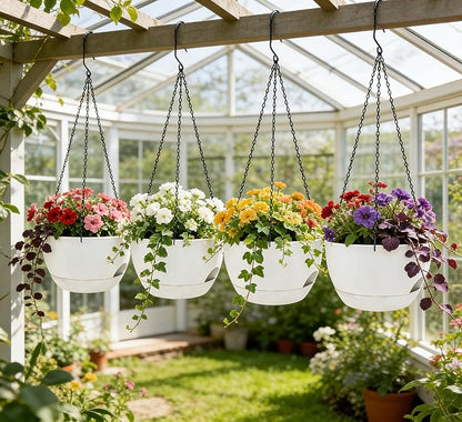 Set of 4-8 Inch Self Watering Hanging Planters for Indoor Outdoor，Hanging Plant Pots with Drainage & Removable Tray, Hanging Pots Holder for Ivy, Pothos, Ferns, Balcony & Patio, White